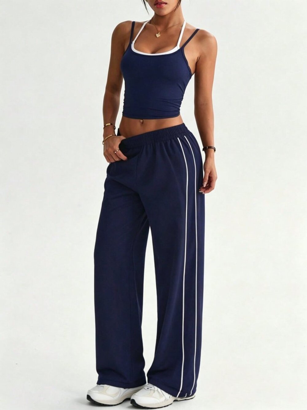 Navy Blue Casual Women's Sports Top And Straight Leg Pants Set